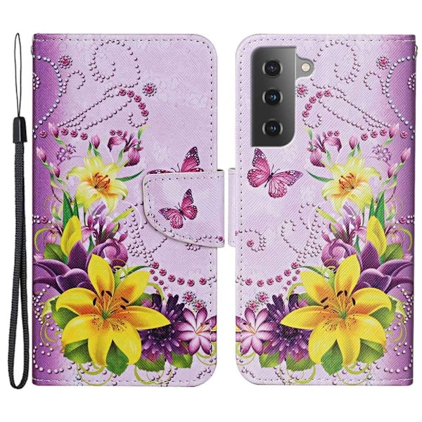 Wonderland Samsung Galaxy S23 Plus Flip Etui - Gule Blomster / Sommerfugle Pink