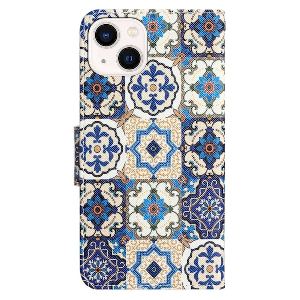 Mønsterudskrivning Magnetisk lås Telefoncover iPhone 14, Cross Texture Vegansk Læder Wallet Stand Beskyttelsesetui - Retro Totem Multicolor