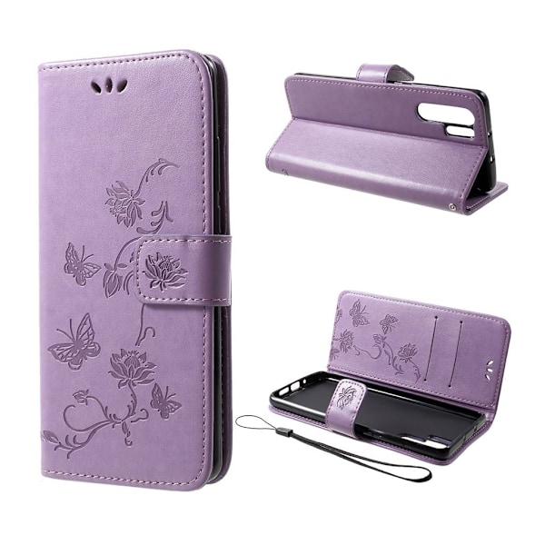 Huawei P30 Pro trykt sommerfugl blomster læder flip etui - Lyselilla Purple