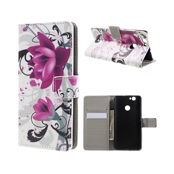 Scherfig Huawei Nova flip-etui i læder - Lilla blomster Purple
