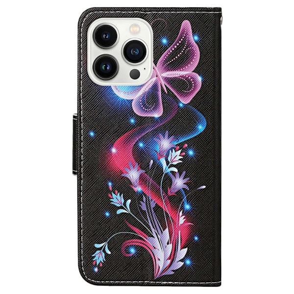Wonderland iPhone 14 Pro flip etui - Fluorescerende Sommerfugle Multicolor