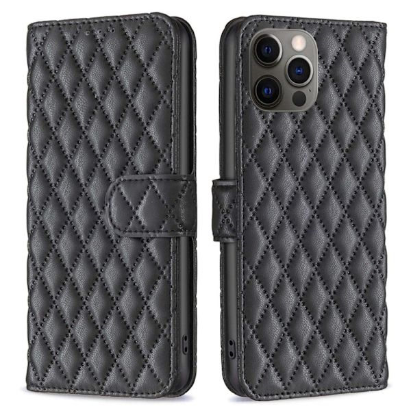 Rombemønster, matt flip-deksel for iPhone 12 Pro / iPhone 12 - Svart Black