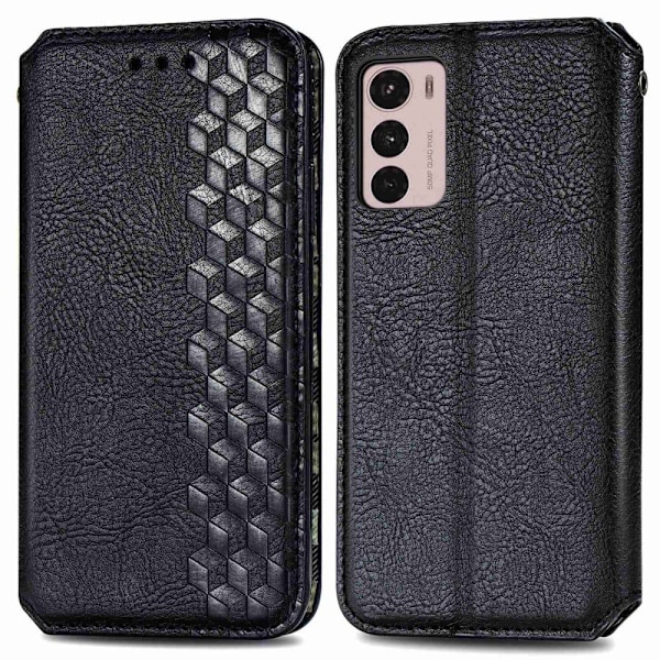 Læder Etui med A Stilfuldt Rhombus Tryk til Motorola Moto G42 - Sort Black