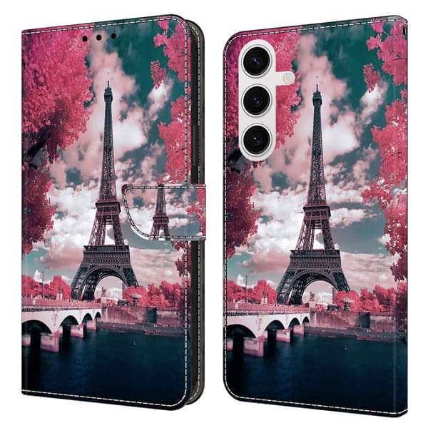 Samsung Galaxy S25 Plånboksfodral Mönster Tryck Stativ Läder Flip Telefonskal - Eiffeltornet Rosa
