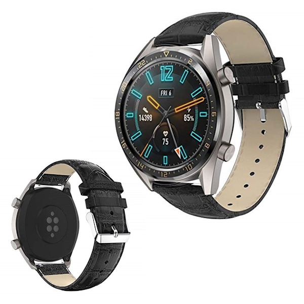 Huawei Watch GT 2 46mm klockarmband i äkta läder med krokodil - Svart Svart