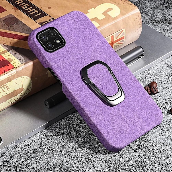Iskunkestävä nahkasuojus soikealla jalustalla Samsung Galaxy A22 5G:lle - Violetti Purple