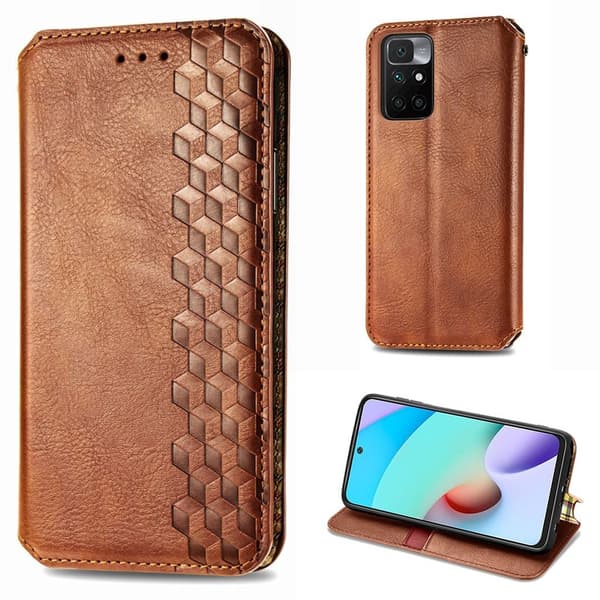 Læder Etui med A Stilfuldt Rhombus Tryk til Xiaomi Redmi Note 10s / Redmi Note 10 - Brun Brown