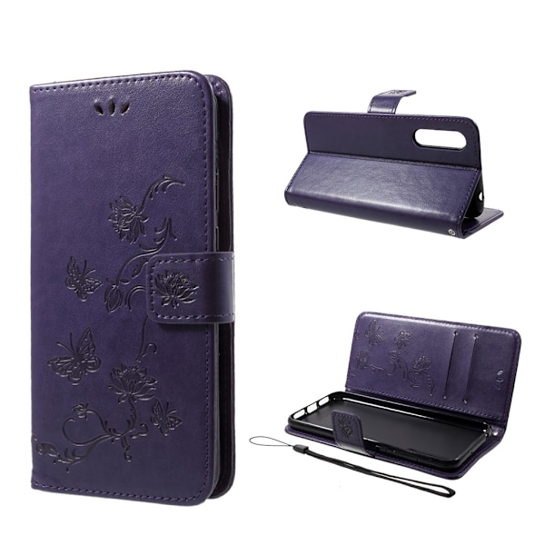 Huawei P20 Pro stemplet sommerfugl blomster PU læder flip etui - Mørkelilla Purple