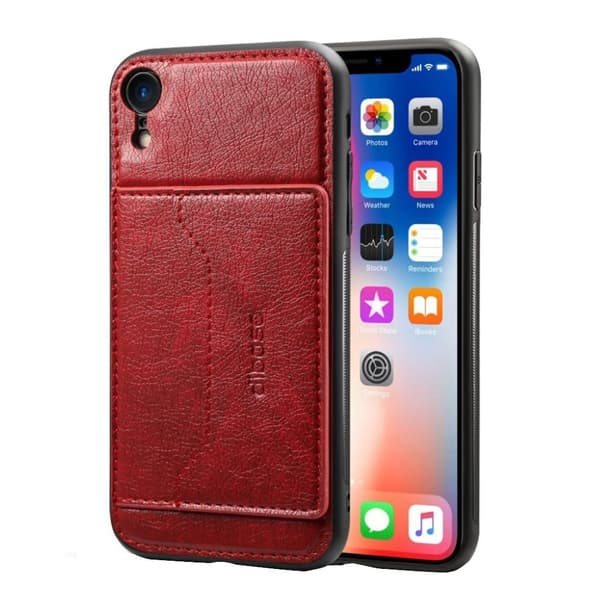 IPhone 9 mobilskal syntetläder plast utfällbart ben vildhästtextur kortficka - Röd Röd