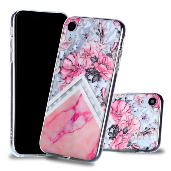 Marmormotiv iPhone Xr skal - Rosa Blomma Och Marmor multifärg