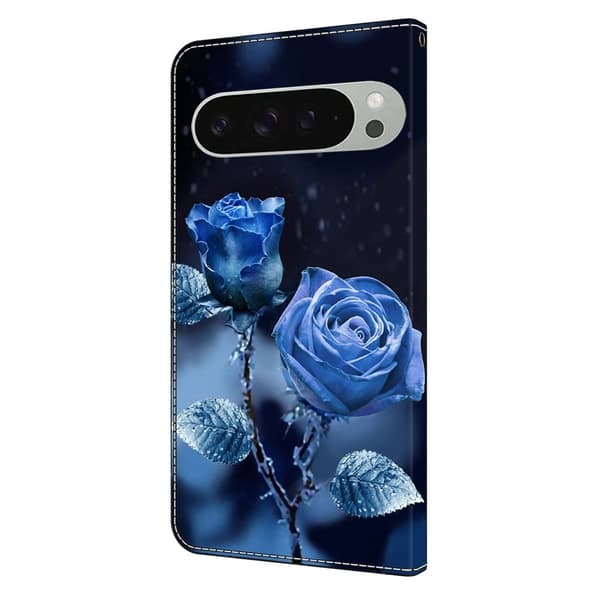 Google Pixel 9 Pro XL plånboksfodral mönstrat tryck stativ läder flip telefonskal - Blå Rosor Blå