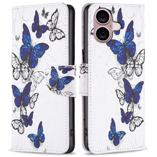 Wonderland iPhone 16 flip kuoret - Perhoset Blue