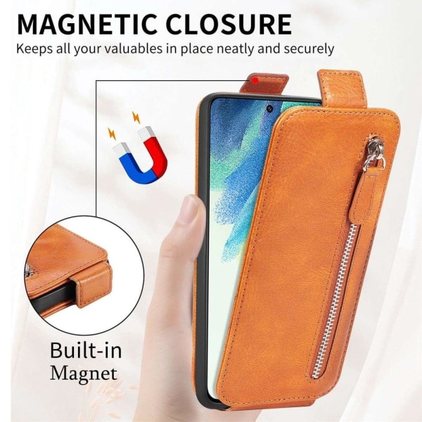 Vertical Flip Phone Suojakotelo With Zipper For Samsung Galaxy S21 FE - Ruskea Brown