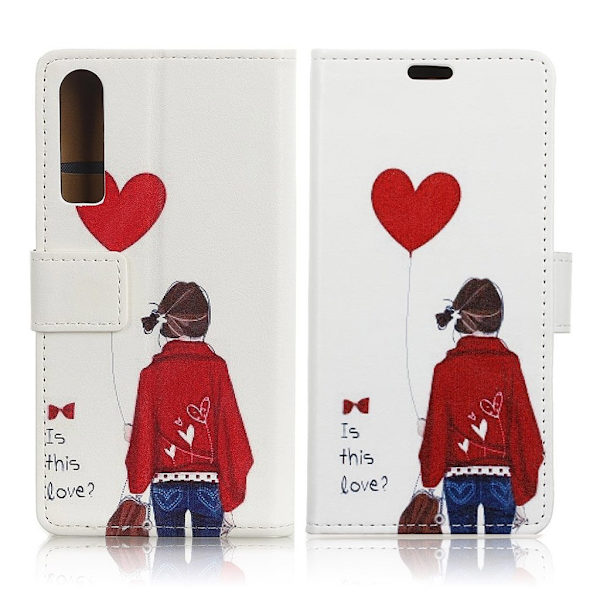 Huawei P30 mønstret læder flip etui - Pige Holder Hjerteballon Multicolor