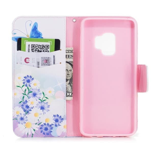 Samsung Galaxy S9 Etui laget av kunstlær og silikon - Blå sommerfugl og tusenfryd Multicolor