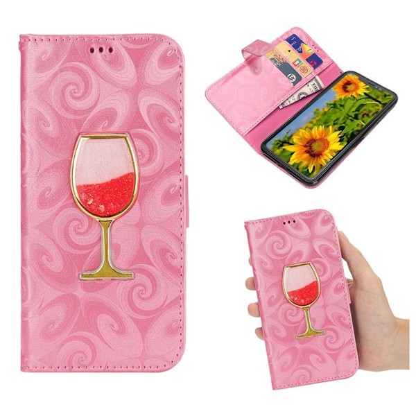 iPhone Xs Max flip cover i læder med spiralstruktur og vinglasmønster - Pink Pink