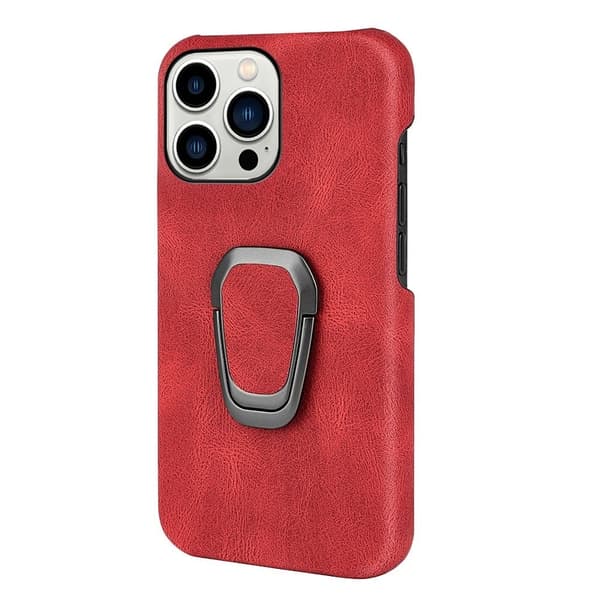 Iskunkestävä nahkasuojus soikealla jalustalla iPhone 14 Pro -puhelimelle - Punainen Red