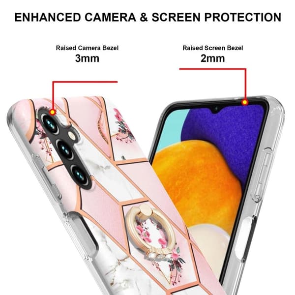 Marble Mønstret Cover med Ring Holder til Samsung Galaxy A13 5G - Lyserøde Blomster Pink