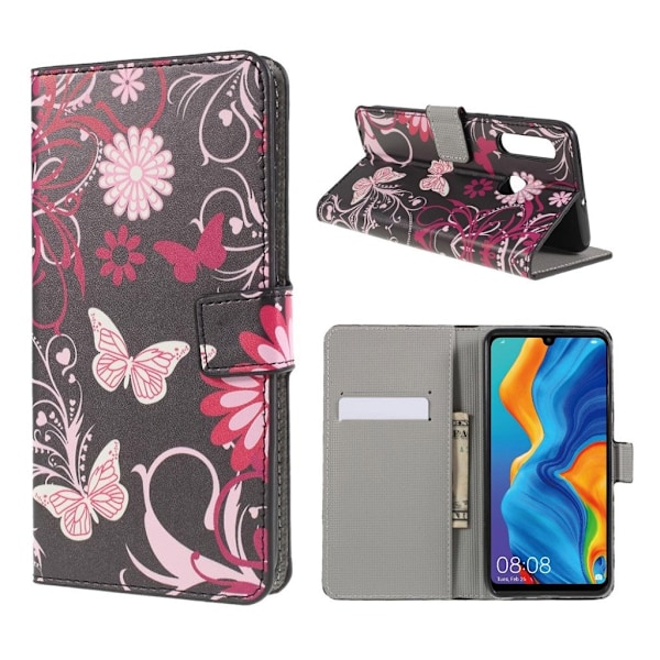 Huawei P30 Lite kuvioitu nahkainen flip suojakotelo - Perhoset ja Kukat Multicolor