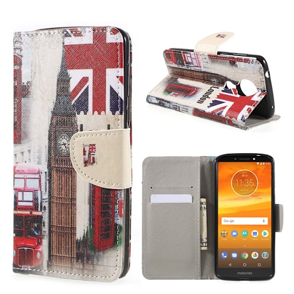 Motorola Moto E5 Plus mobiletui i kunstlæder med printede mønster samt pung og stativ - Big Ben og UK flag Multicolor