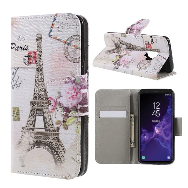 Samsung Galaxy S9 mønstret grynet PU læder flip etui - Eiffeltårnet Multicolor