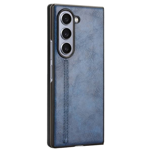 Samsung Galaxy Z Fold6 5G Etui Okseskind Texture Leather and Bumpresistent Phone Cover Stitching Lines - Blå Blue