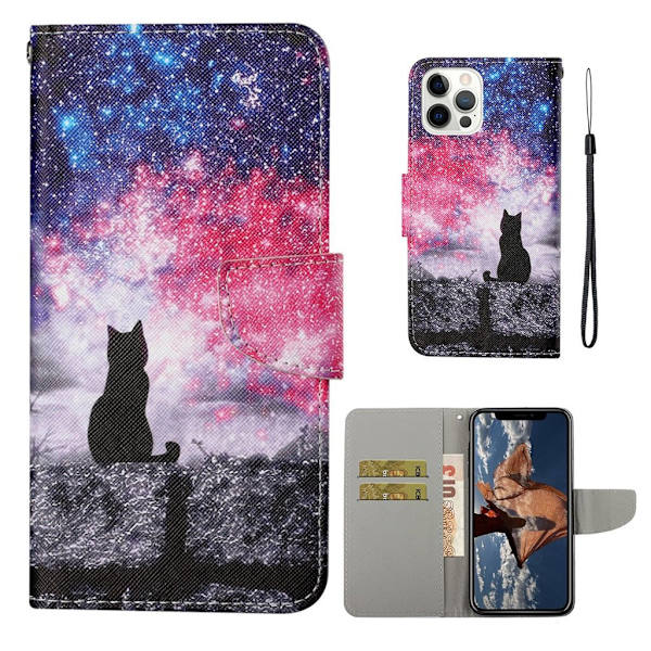 Handy Strap Pattern-Printing Full Protection Leather Cell Case med pung og stativ iPhone 13 Pro Max 6,7 tommer - Black Kat Multicolor