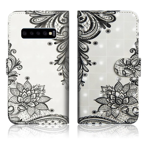 Samsung Galaxy S10 Plus läderfodral med ljus prickar - Spets Blomma Svart