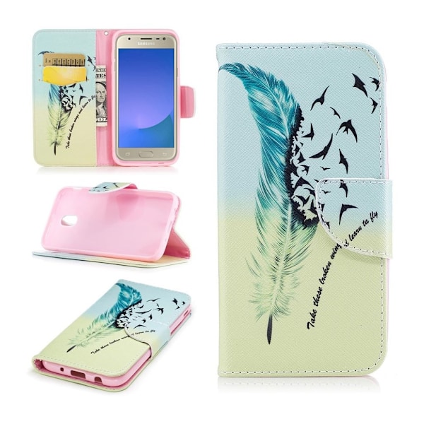 Samsung Galaxy J3 (2017) Læder etui med flot motiv - Fjer Multicolor