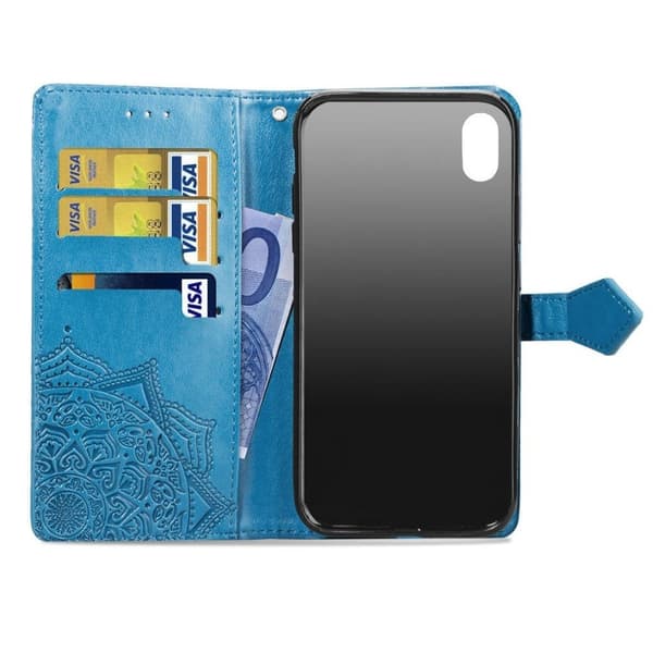 iPhone Xr Mandala blomstertryk læder flip cover - Blå Blue