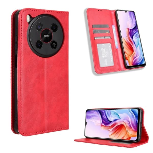 ZTE Blade V70 Max Retro Vegan Leather Case Puhelin Lompakko Stand Cover - Punainen Red