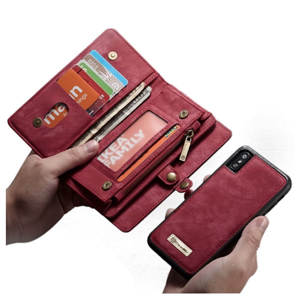 iPhone Xs Max CASEME vintage tyylinen haljais nahkainen lompakko suojakotelo - Punainen Red