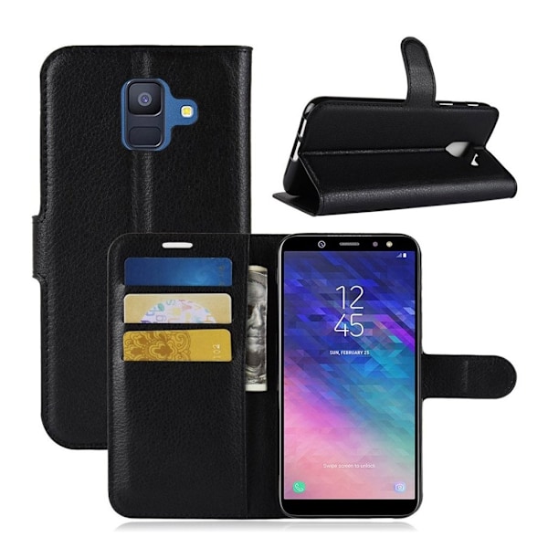 Samsung Galaxy A6 litchi skin magnetisk læder flip cover - Sort Black