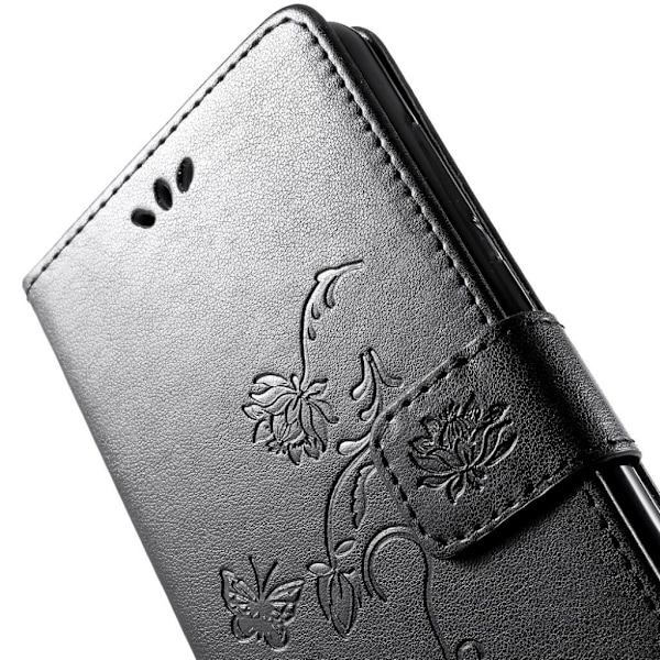 Samsung Galaxy A9 (2018) perhos ja kukka printti kuviollinen synteetti nahkainen lompakko suojakotelo - Musta Black
