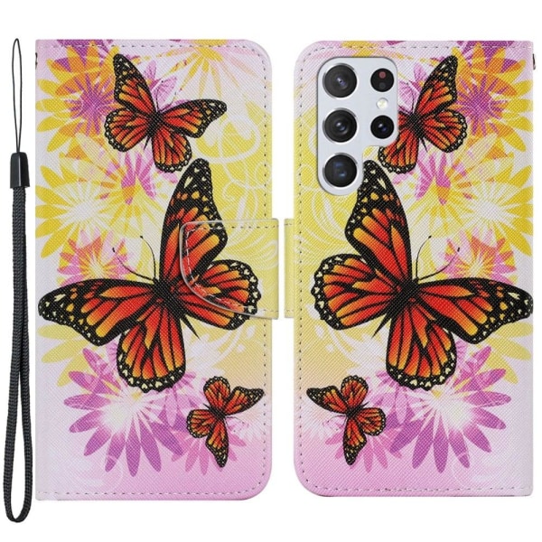 Wonderland Samsung Galaxy S22 Ultra Flip Etui - Krysantemum og Sommerfugl Multicolor