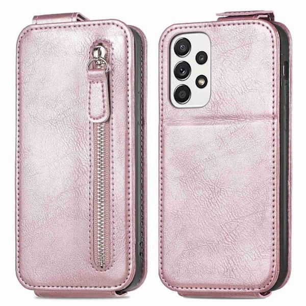 Vertical Flip Phone Suojakotelo With Zipper For Samsung Galaxy A72 5G - Ruusukulta Pink