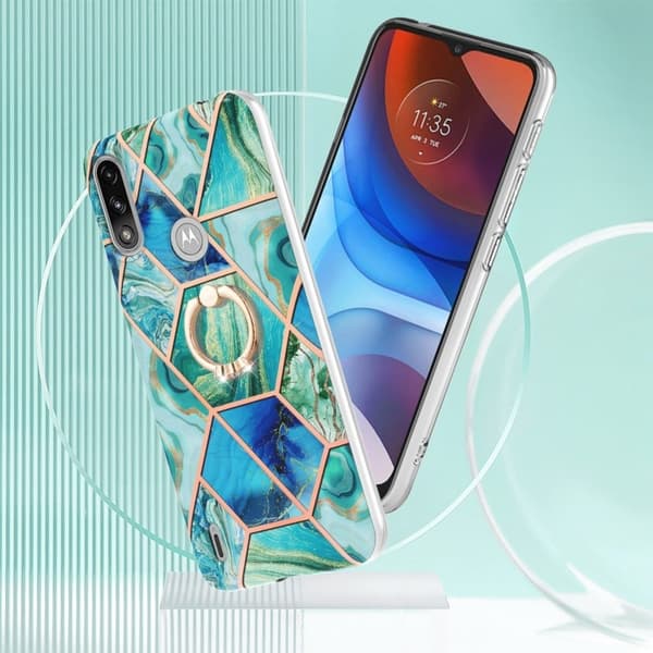 Marble Patterned Suojakuori With Ring Holder For Motorola E7i Power / E7 Power - Vihreä Green