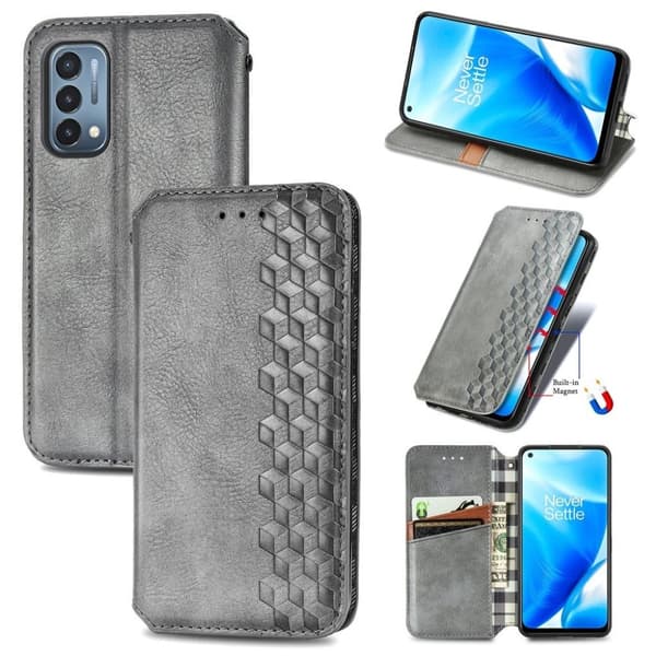 Läder OnePlus Nord N200 5G fodral med romb-design - Silver/Grå Silvergrå