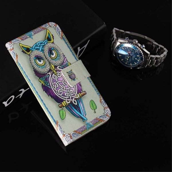 iPhone Xs Max mønstret læder flip cover - Farverig Ugle Multicolor
