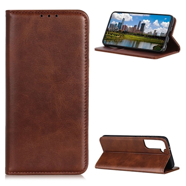 Lompakko-style Aitoa Nahkaa Läppäkotelo For Samsung Galaxy S21 Plus - Kahvi Brown