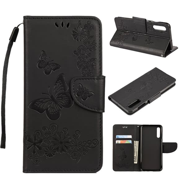 Samsung Galaxy A50 sommerfugleprint på lædercover - sort Black