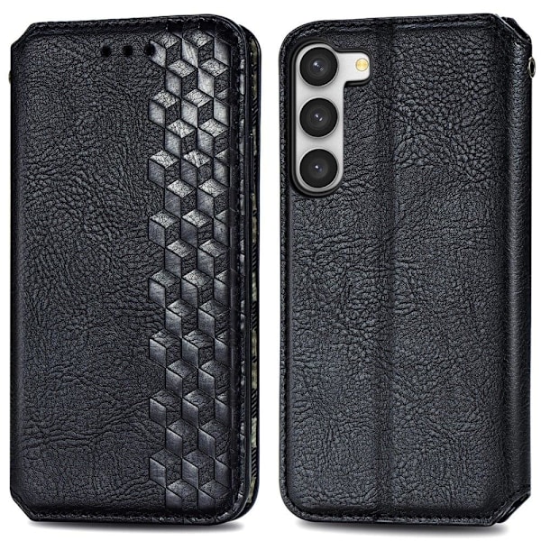Læder Etui med A Stilfuldt Rhombus Tryk til Samsung Galaxy S23 Plus - Sort Black