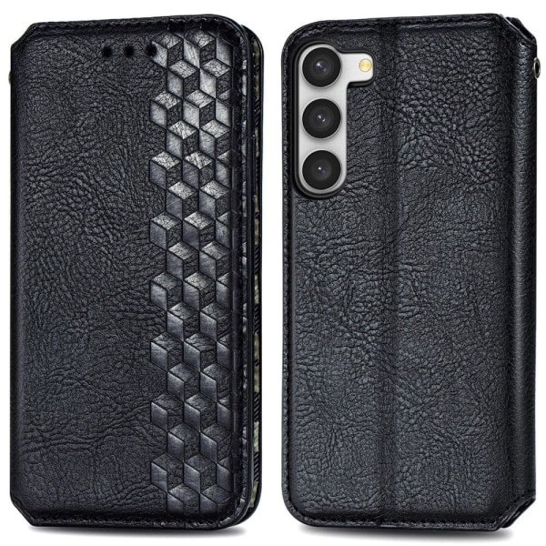 Nahkakotelo With A Stylish Rhombus Imprint For Samsung Galaxy S23 Plus - Musta Black