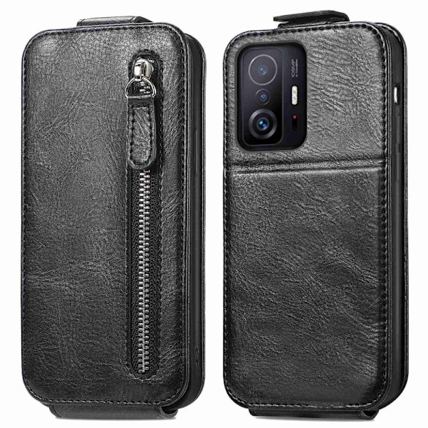 Vertical Flip Phone Etui med Zipper til Xiaomi 11T / 11T Pro - Sort Black