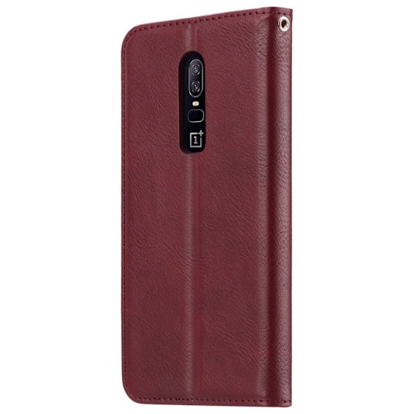 OnePlus 6 mobiletui i kunstlæder med autoabsorberende lukkefunktion samt udvendig lomme - Vinrød Red