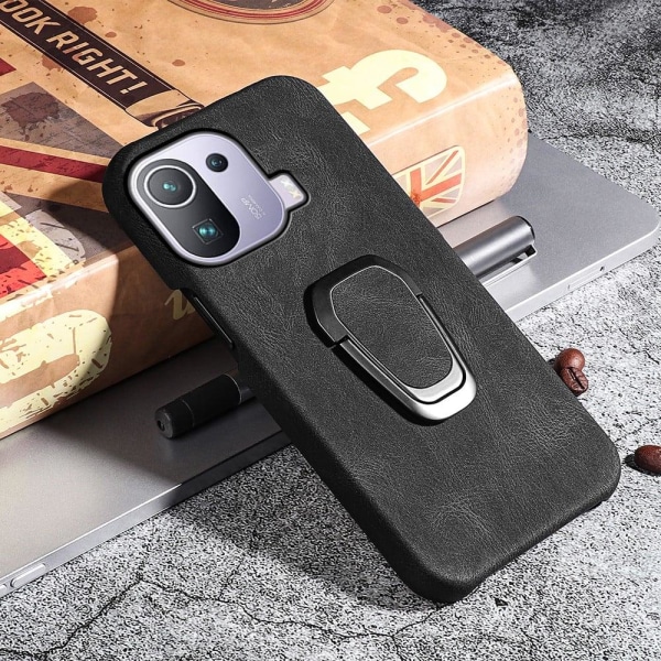 Stötsäkert läderfodral med oval kickstand för Xiaomi Mi 11 Pro - Svart Svart