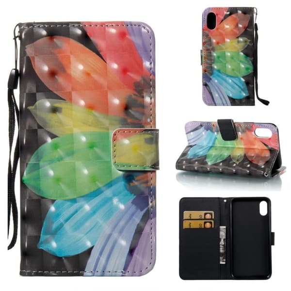 iPhone Xs Max læder flip cover med mønsterprint - Farverig Blomst Multicolor