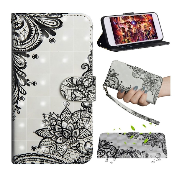 Samsung Galaxy A70 dekormönstrat läderfodral - Spetsblomma Svart