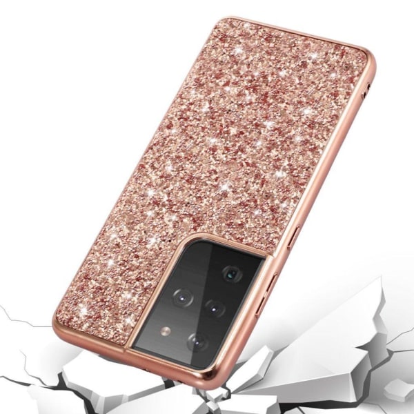 Glitter Samsung Galaxy S21 Ultra Etui - Rødguld Pink