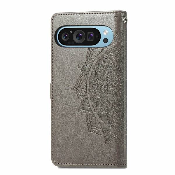 Mandala läder Google Pixel 9 Pro XL fodral - Grå Silvergrå